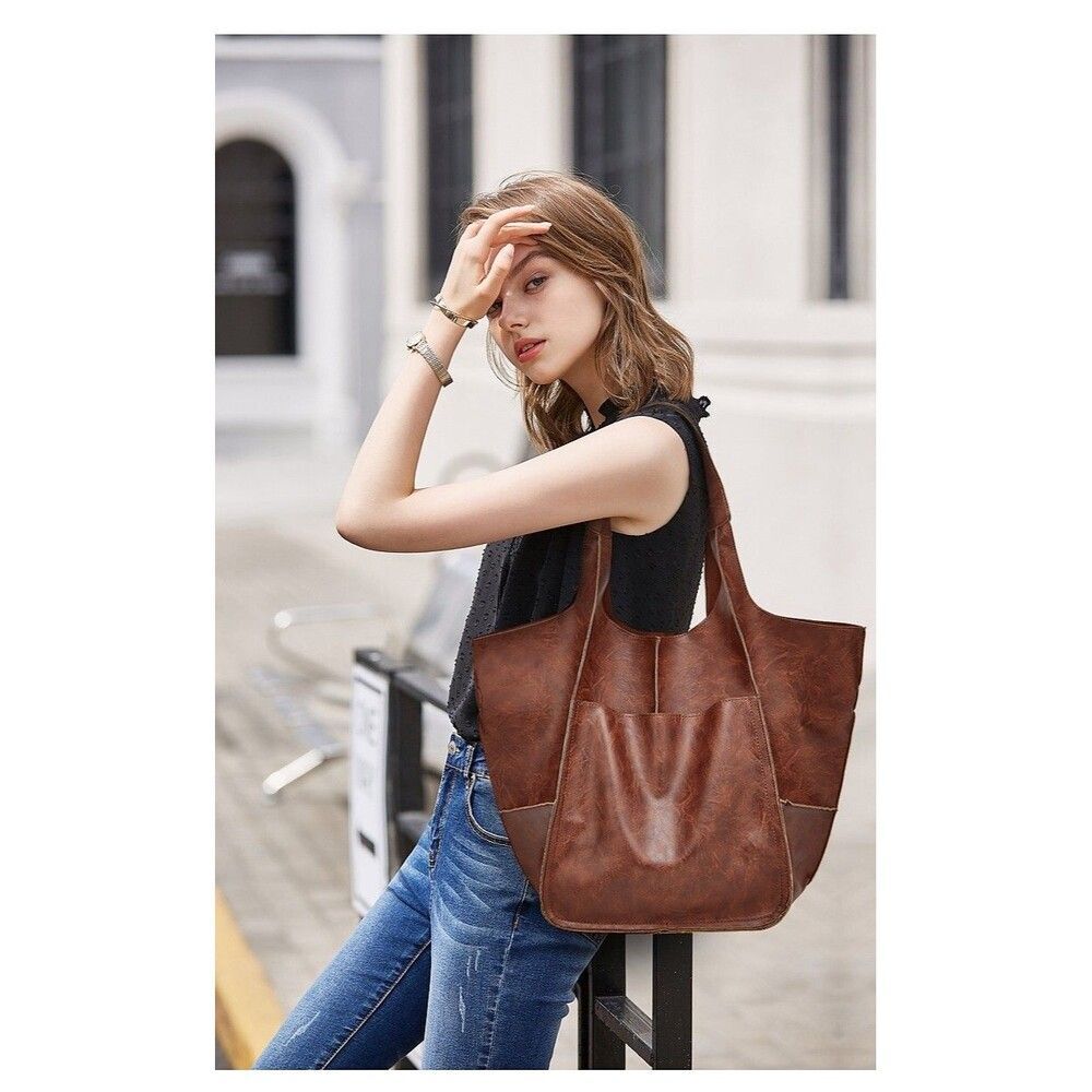 Women's Brown Tall Bucket Expandable Tote Handbag Shoulder Bag Tote Satchel - Picture 3 of 3